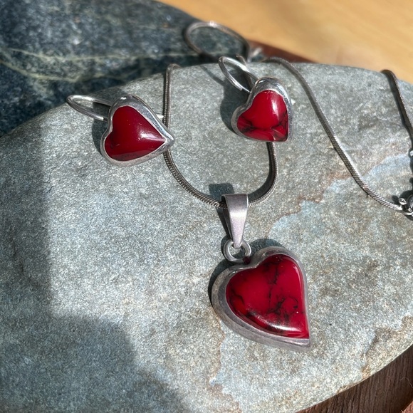 Red Heart Jasper Sterling Earrings and Necklace Mexico - Picture 9 of 12
